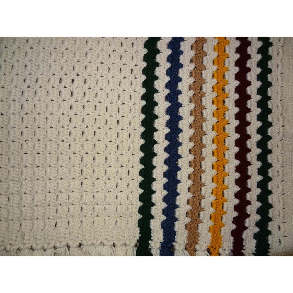 Hand Crocheted Afghan White With Stripes of Blue, Gold, Beige 37"x54"